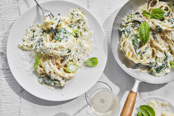 Spinach, spring onion and basil pasta.