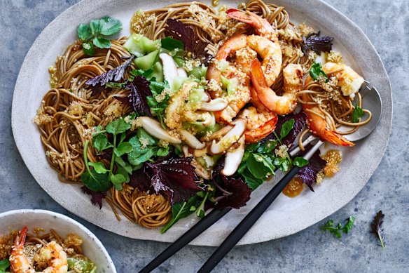 Chilled soba noodles with grilled prawns, miso dressing and quick-pickle salad.