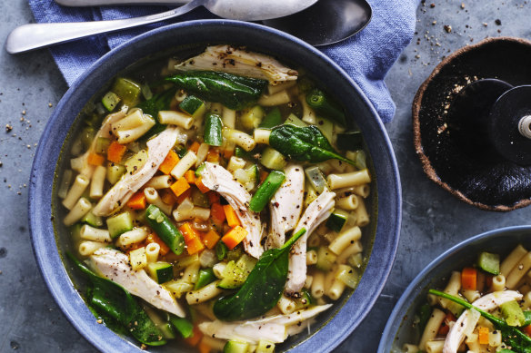 This chicken noodle soup from Adam Liaw (recipe below) uses a ready-cooked roast chicken to create its stock base.