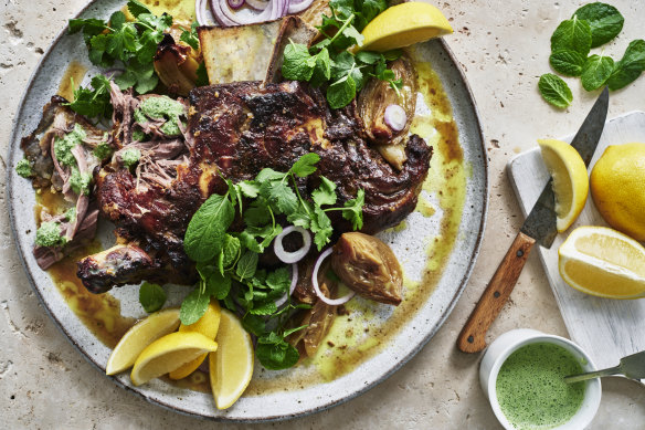 Adam Liaw’s spiced lamb shoulder with mint and coriander chutney