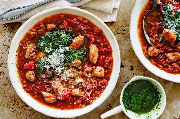 Serving suggestion: Don’t skip the basil pistou in this tomato, sausage and lentil soup.