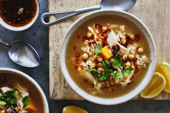 Danielle Alvarez’s chicken, pumpkin, chickpea and rice soup with spiced chilli oil.