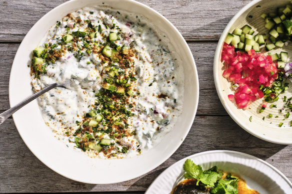 Adam Liaw’s tomato, onion and cucumber raita.