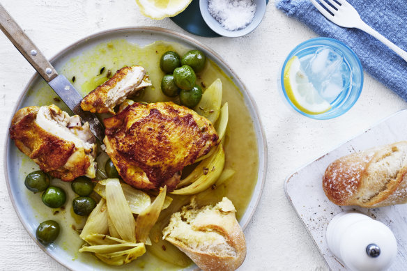 Baked chicken cutlets with olives and fennel seed.