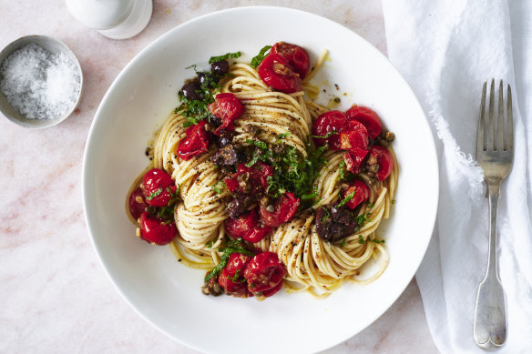 Spaghetti with blistered cherry tomatoes.