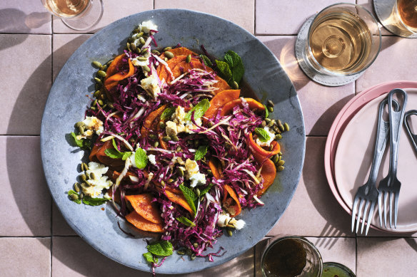 Pumpkin and radicchio salad with sweet and sour dressing and goat’s cheese.