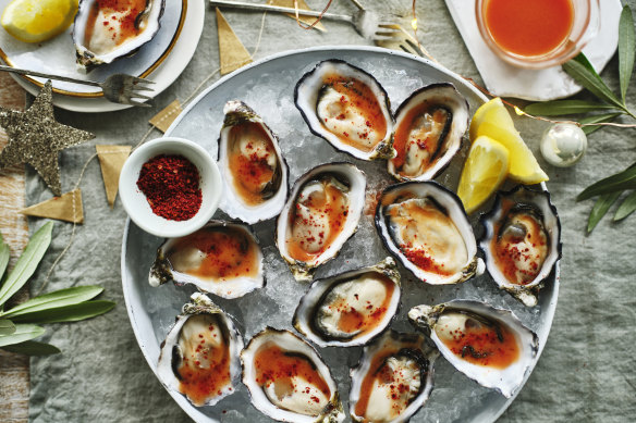 Rock oysters with gazpacho dressing. 