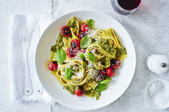Pesto pappardelle with blistered cherry tomatoes. 