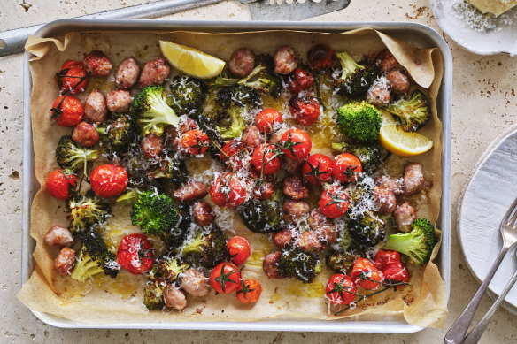 Broccoli and sausage tray bake.