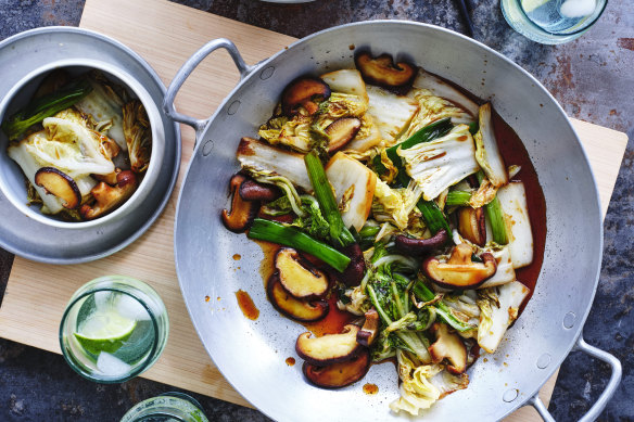 Stir-fried wombok and shiitake mushrooms.