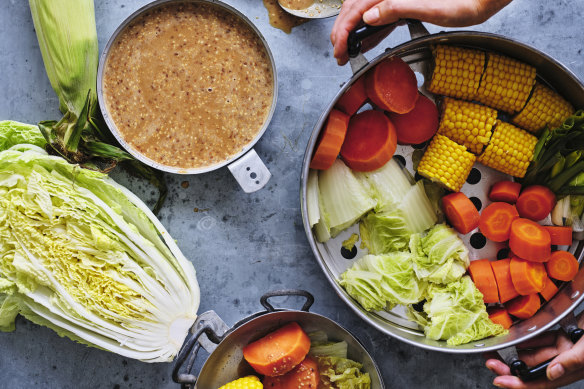 Steamed vegetables with sesame sauce.