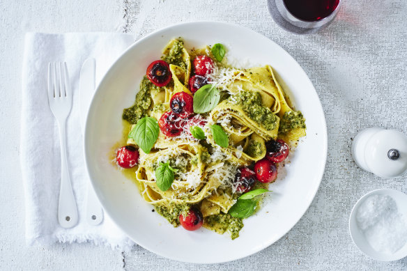 Adam Liaw’s pesto pappardelle with blistered cherry tomatoes