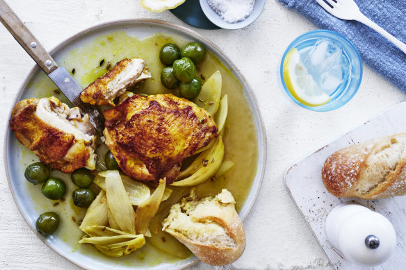 Baked chicken cutlets with olives and fennel seed.