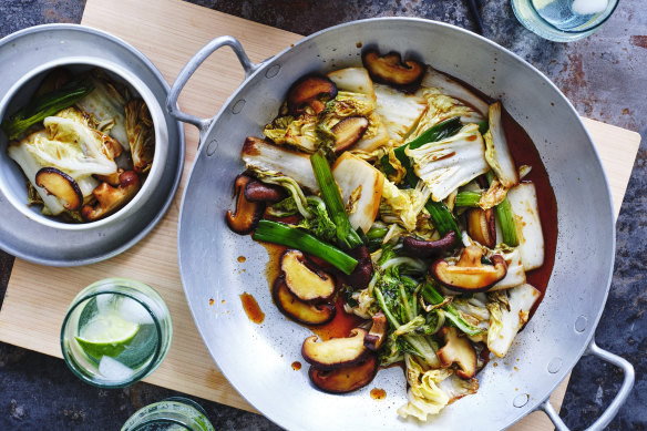 Stir-fried wombok and shiitake mushrooms.