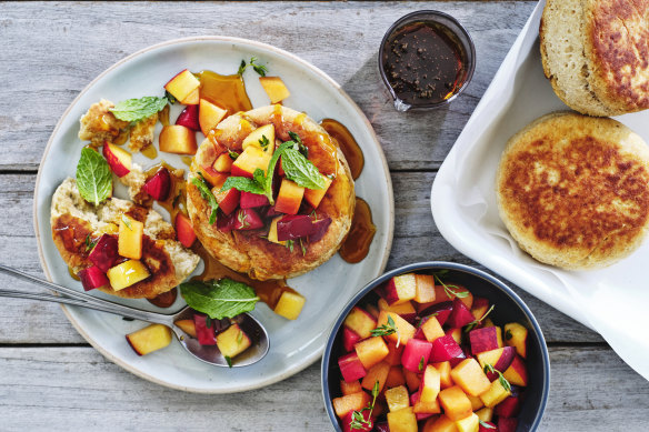 Johnny cakes with peach salsa and golden syrup.