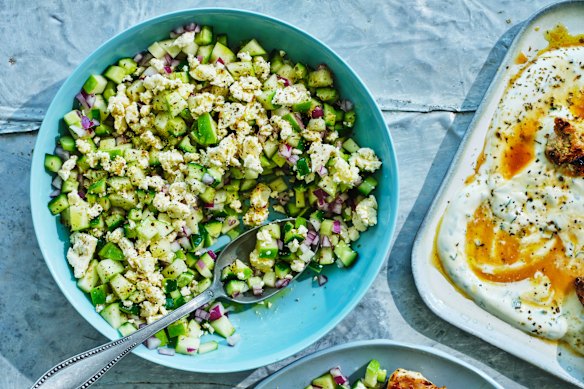 Cucumber, feta and apple salad.