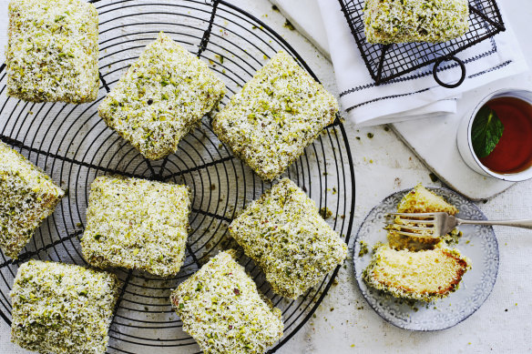 Freezing the sponge cake makes it easier to coat the individual pieces without them crumbling.