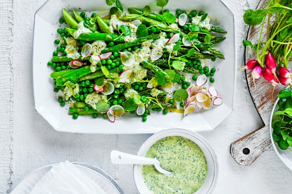 Danielle Alvarez’s sauce gribiche enhances this asparagus, pea and radish salad.