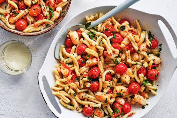 Julia Busuttil  Nishimura’s prawn pasta is bursting with flavour thanks to juicy cherry tomatoes.