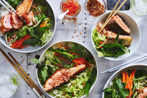 Salmon and salad rice bowl.