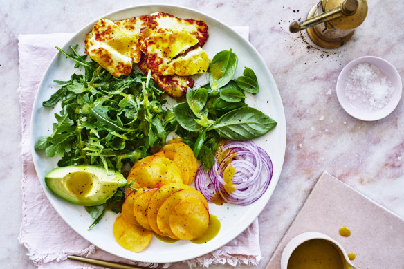 Adam Liaw’s peach and halloumi salad.