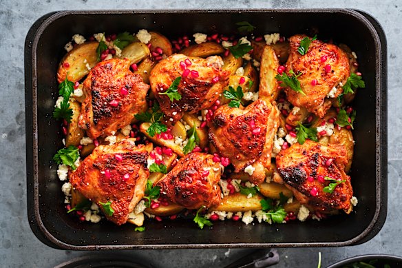 Finish with a sprinkle of feta and pomegranate.   