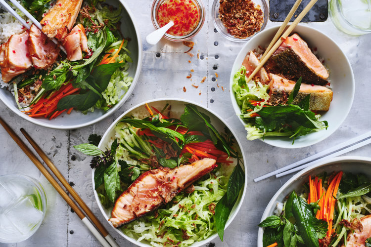 Salmon and salad rice bowl.