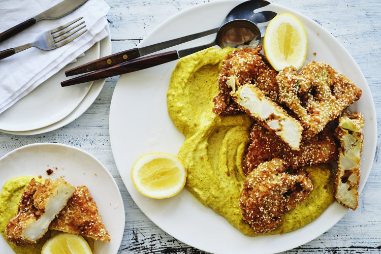 Cauliflower fritters with Japanese-style curried egg sauce.