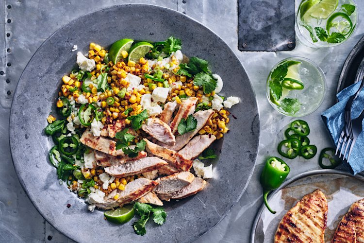 This chicken and corn salad is inspired by the Mexican street food, esquites.