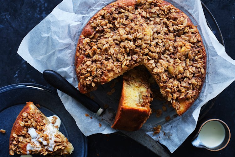 Simple apple cake with maple oat crisp is delicious eaten as is or warm with ice-cream.