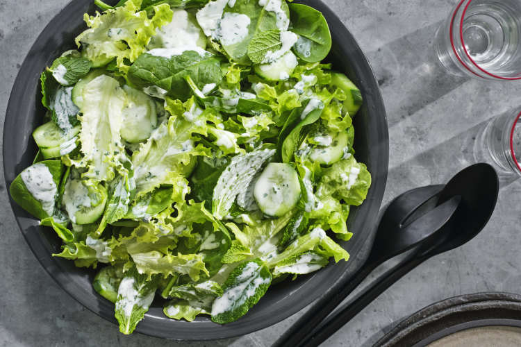 Green salad with cool yoghurt dressing.