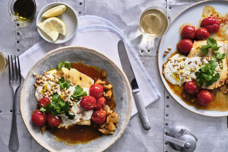 Fish with tomatoes, harissa and fennel.