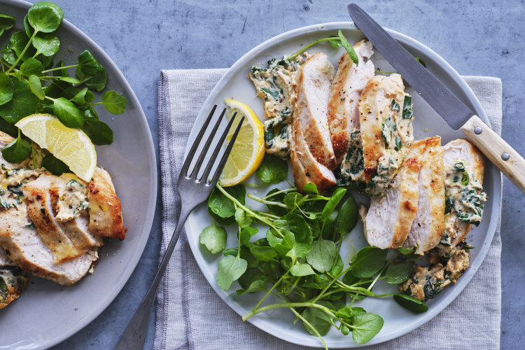 Spinach-and-ricotta-stuffed chicken breasts.