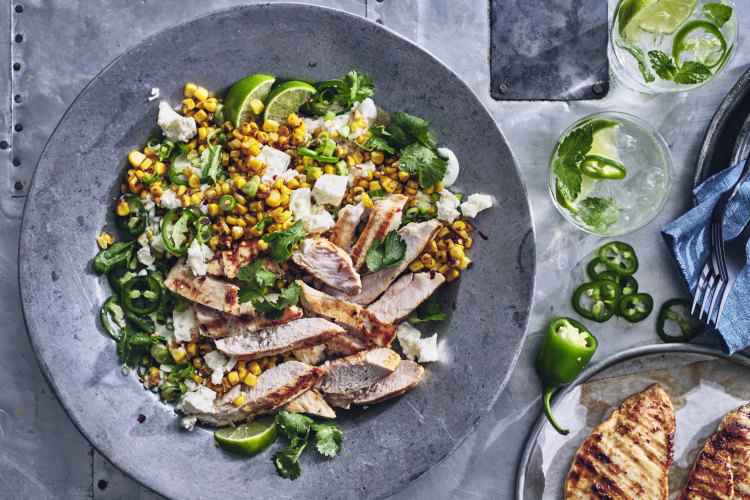 This chicken and corn salad is inspired by the Mexican street food, esquites.