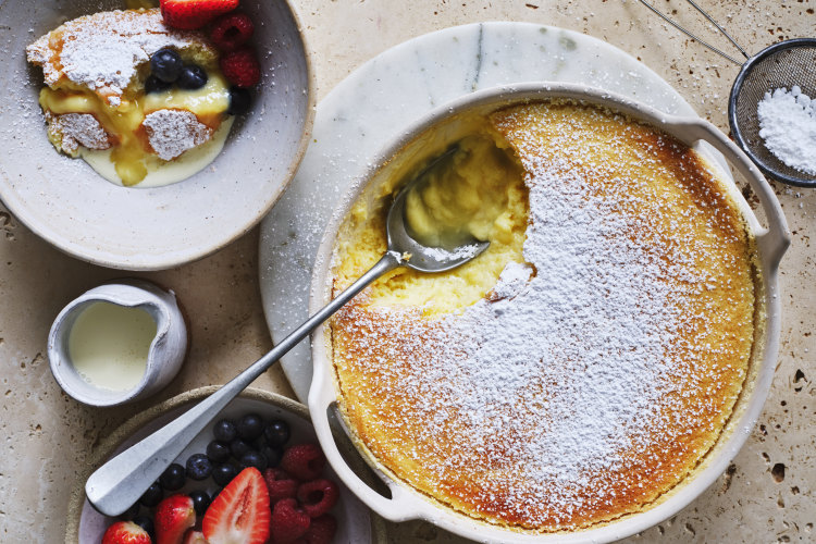 Yuzu and lemon self-saucing pudding.