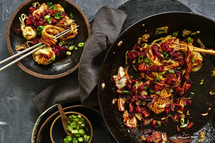 Japanese comfort food: Pork belly and cabbage yakisoba (fried noodles).