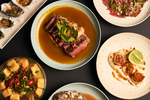 A feast from the new Brunswick restaurant Rue de Thanh, including Bò kho inspired beef steak and seared scallops with celeriac purée, crispy lap xuong, dried shrimp, chervil and chilli oil.
