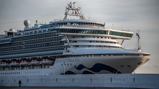 The Diamond Princess cruise ship sits docked at Daikoku.