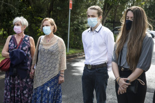 Theo Hayez’s grandmother, Jacqueline Jourquin, mother Vinciane Delforge, brother Lucas and cousin Lisa Hayez, outside the inquest at Byron Bay on Monday.