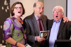 Tom McDonald (centre)  with Bill Kelty and Ged Kearney singing Solidarity Forever.