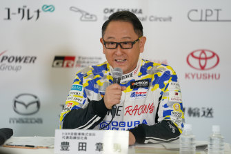 Akio Toyoda, president of Toyota, at the Super Taikyu Race at Okayama International Circuit in Mimasaka, where the company showcased its carbon-neutral technology.