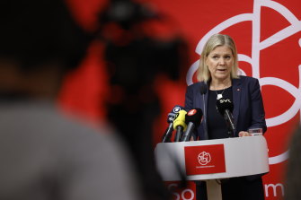 Sweden’s Prime Minister Magdalena Andersson gives a press conference after a meeting of the ruling Social Democrats. 