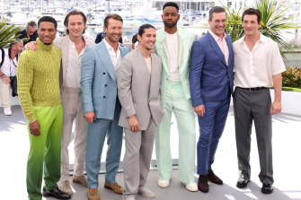 The cast of ‘Top Gun: Maverick’ (L to R) Greg Tarzan Davis, Lewis Pullman, Glen Powell, Danny Ramirez, Jay Ellis, Jon Hamm and Miles Teller, give men’s fashion a reboot on the ground at the Cannes premiere of the eagerly-awaited film.