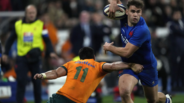 Tom Wright misses a tackle on Damian Penaud, who goes on to score the match-winner for France.