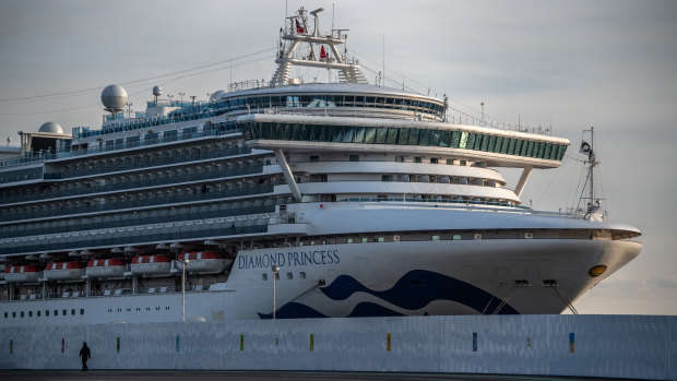 The Diamond Princess cruise ship sits docked at Daikoku.