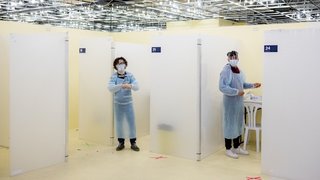 A COVID quick testing centre at a shopping mall in Copenhagen in January. Denmark has stood out for its high testing regime.