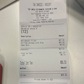 Receipt for lunch at 102UNIQ in Smith Street.