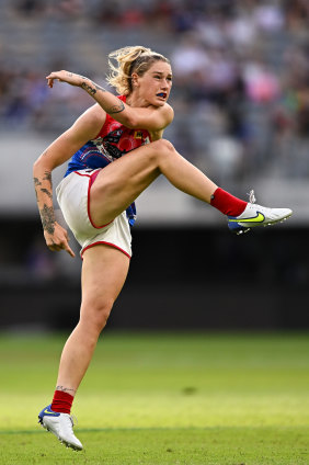 Focused: Tayla Harris at Optus Stadium. 