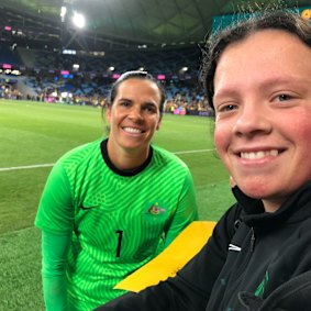 Football fanatic Katie Campbell, 15, pictured with Matildas player Lydia Williams.