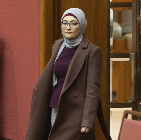 Senator Fatima Payman arrives for question time today.